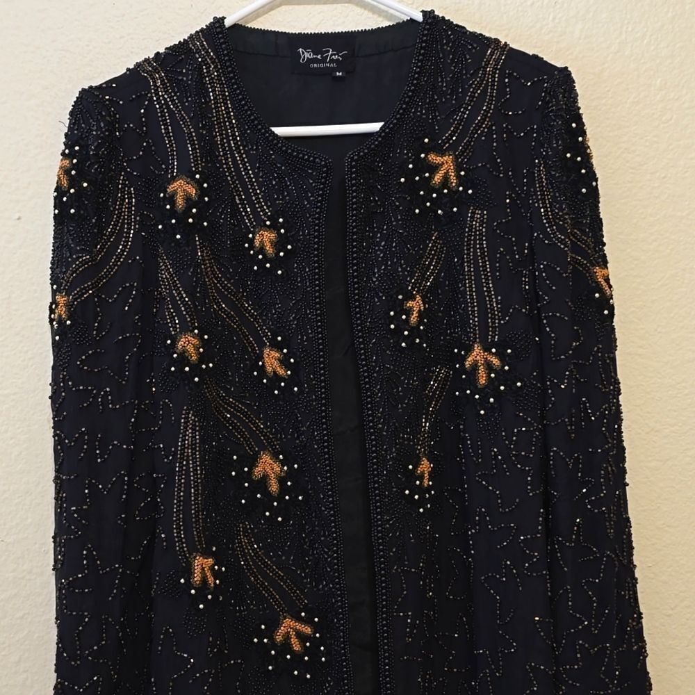 DIANE FREIS Long‎ Sleeve  Silk Beaded and Sequin Evening Open Front Jacke…